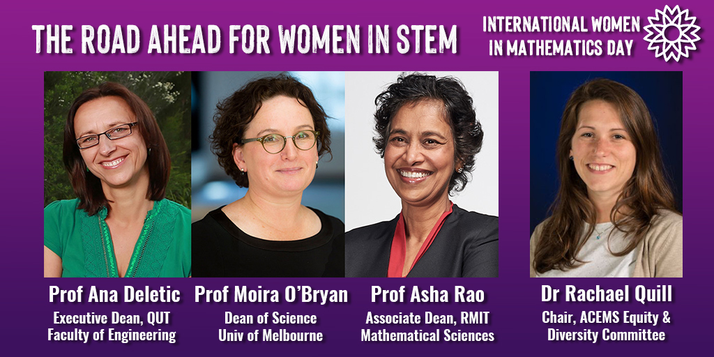 As part of this year's #WomenInMaths Day celebrations, 
join us for a virtual panel discussion: The Road Ahead for #WomenInSTEM with <a href="/DeleticAna/">Professor Ana Deletic</a> (<a href="/QUT/">QUT</a>),  @OBryanMoira (@SciMelb), <a href="/AshaRaoRMIT/">Prof Asha Rao</a> (<a href="/ResearchRMIT/">RMIT Research</a>) &amp; ACEMS <a href="/RachaelQuill/">Rachael Quill</a>. 
Weds, 12 May: 12pm AEDT: eventbrite.com/e/the-road-ahe…