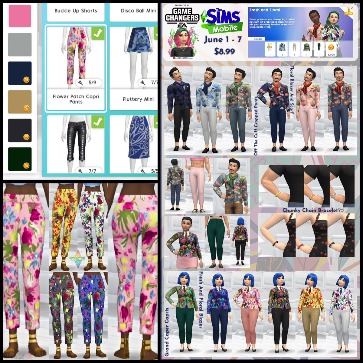 simmerdownMAL's tweet photo. Idk if this was intentional or a fun quirk, but when the Fresh and Floral Blazer was added in my early access (pack swatches by @karenkerenonly), it also happened to add 4 new swatches to my Flower Patch Capri Pants, which are base game pants (swatches by @StellaKarameloh) 🤷🏻‍♀️ https://t.co/IgLlpdnbHc