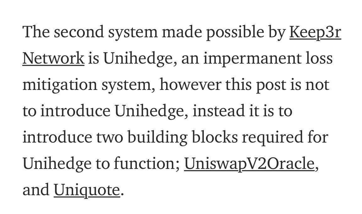 For even further reference:One section of the Deriswap article details an impermanent loss mitigation system, which you guessed it, is very similar in function to UniHedge offered by Keep3r network.