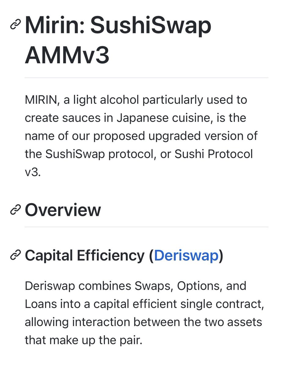 With this info I’m sure you’re all well aware of the synergy between both Keep3r network, Deriswap, and SushiSwap...Deriswap is even one of the first things mentioned on the GitHub of  $SUSHIBut it gets even better... https://github.com/sushiswap/mirin 