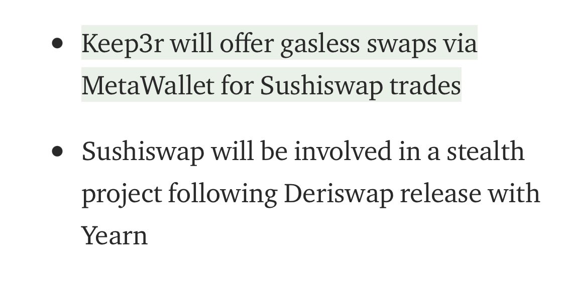 So, what exactly may this project be?Is it possible that  $SUSHI may soon be releasing a new project with  $YFI, featuring a gasless DeFi wallet for trades?This appears to be what is happening in the near future, considering the info I am about to reveal below:Remember this?