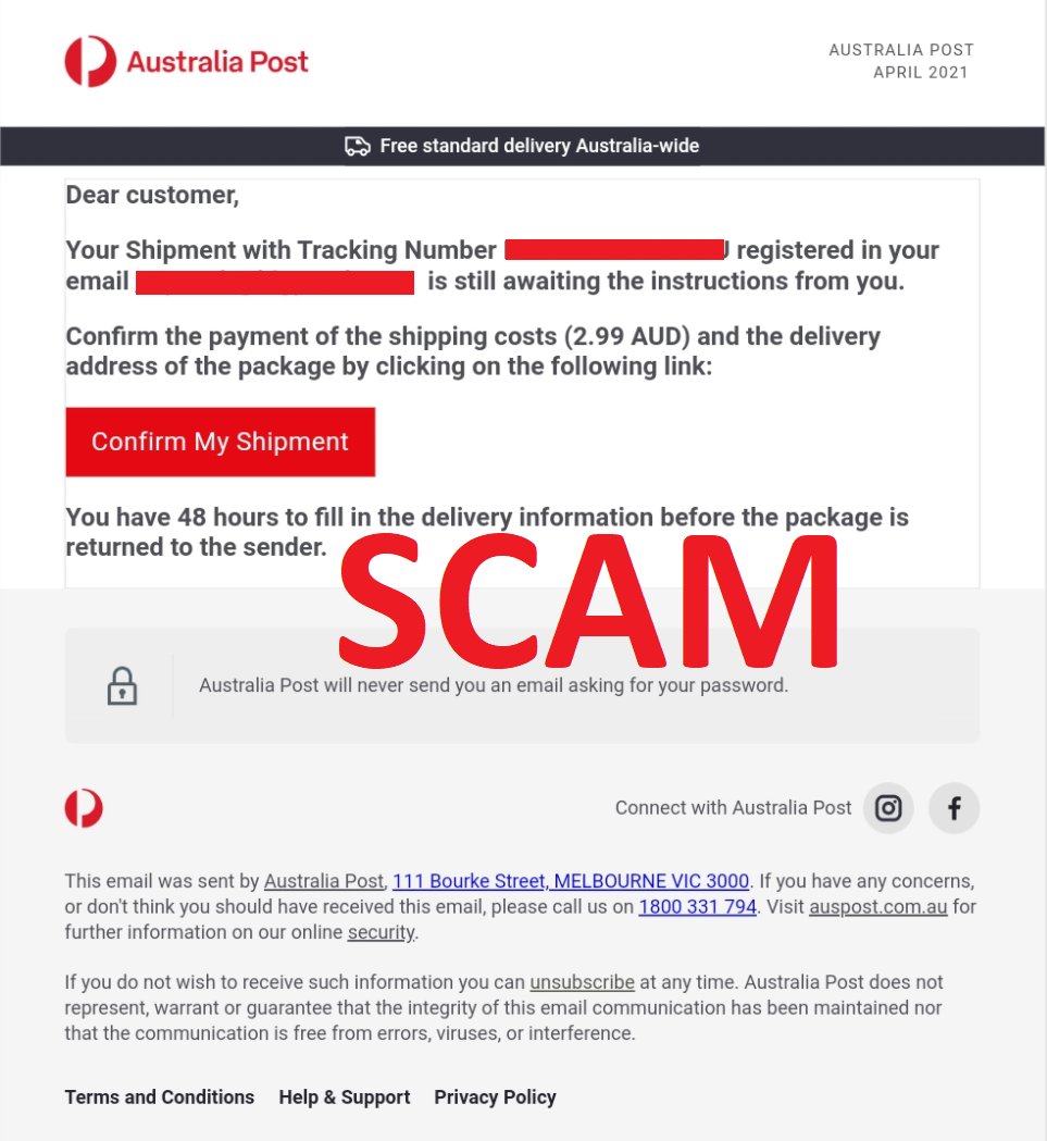 nascgovau's tweet image. Scammers are continuing to impersonate Australia Post by claiming you need to pay a small shipping fee for your parcel. The emails may look legitimate with real logos and contact details, but are just an attempt to steal your credit card details. Just delete the email.