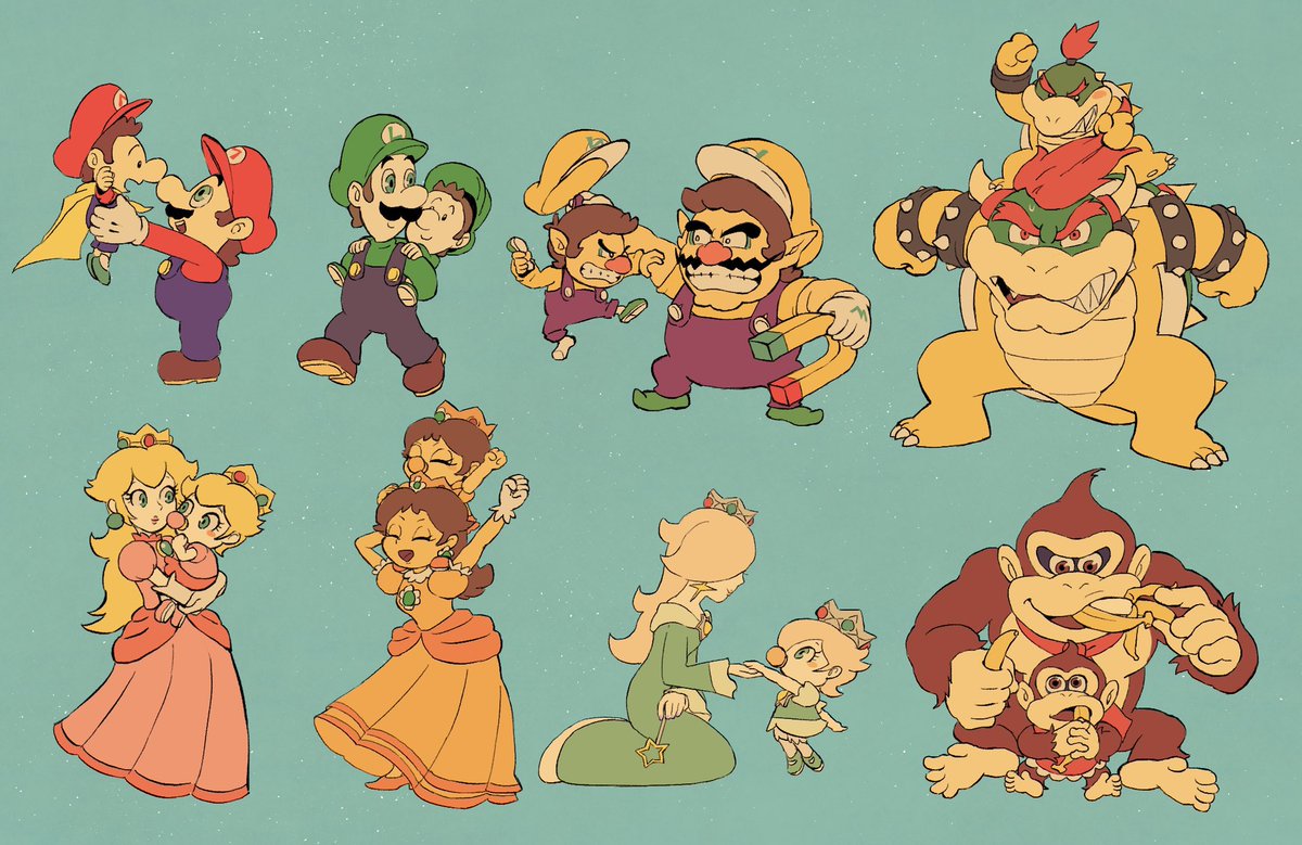 bowser ,luigi ,mario ,princess daisy ,princess peach multiple girls multiple boys dress crown overalls mustache blonde hair  illustration images