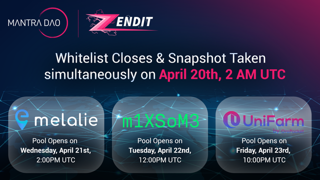 MANTRA_Chain's tweet photo. Whitelist for all 3 #ZENDIT launches this week closes in less than 24 hours on April 20th, 2 AM UTC!⏲️

This week we will be launching:

@melalienetwork $MEL April 21st, 2 PM UTC📅

@MixsomeCash $SOME April 22nd, 12 PM UTC📅

@unifarm_ $UFARM April 23rd, 10 AM UTC📅 https://t.co/bmlpoCSwZS