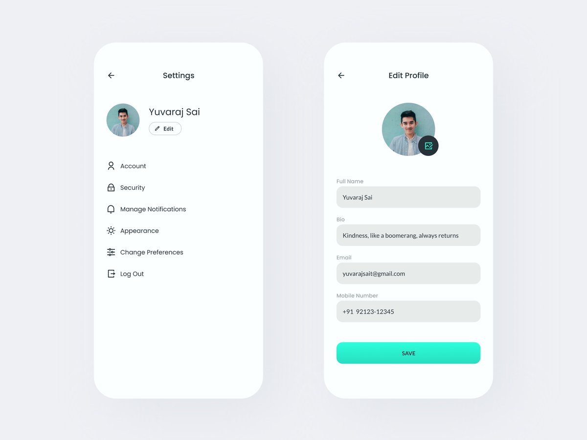 yuvaraj_sai_'s tweet photo. Daily UI - Settings

Behance: https://t.co/dTjdxddVJQ
Dribble: https://t.co/WOBCaZp3Oo

#Day7  #DailyUI #uidesign #100daychallenge #dailyui #userinterface #uxdesign #appdesign #dribbble #behance #settings #editprofile #userexperience 

@figmadesign @dribbble @Behance @Daily_UI https://t.co/jqbuM06WD5