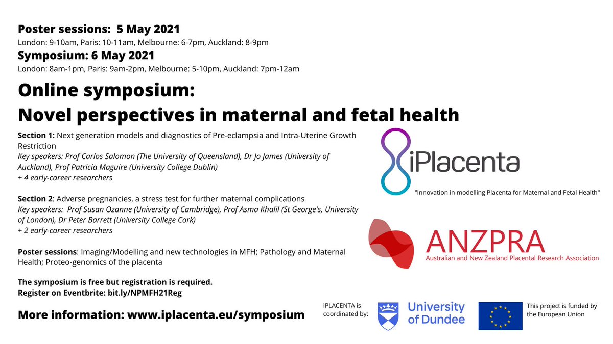 Registrations now open for our free online symposium on May 6th: Novel perspectives in Maternal and Fetal Health bit.ly/NPMFH21Reg
<a href="/ANZPRA1/">ANZPRA</a> <a href="/IFPA_Official/">IFPA</a> #placenta