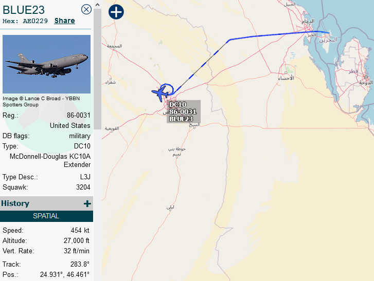 SirListenalot's tweet photo. #KC10 #BLUE23 picked up "SW" #F16's out of Prince Sultan. #KC135's #BLUE04 and #BLUE14 airborne from Moron. https://t.co/AEGrVZfxkD