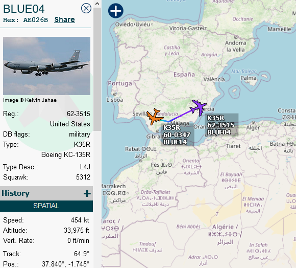 SirListenalot's tweet photo. #KC10 #BLUE23 picked up "SW" #F16's out of Prince Sultan. #KC135's #BLUE04 and #BLUE14 airborne from Moron. https://t.co/AEGrVZfxkD