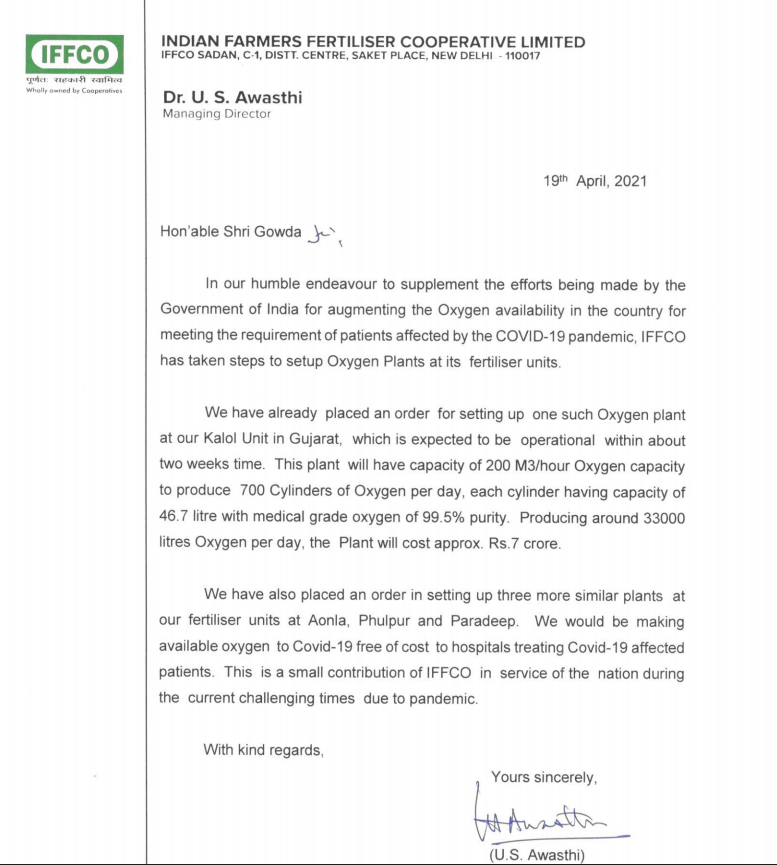 Kudos to <a href="/IFFCO_PR/">IFFCO</a>  for dedicating their four plants for production of medical oxygen. I request other urea units to kindly follow the suit wherever possible. Government is taking all measures to ramp up production and availability of medical oxygen.