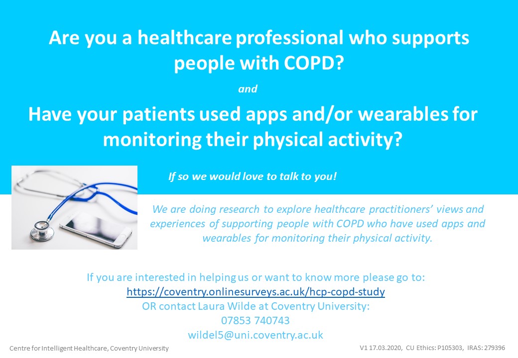 Do you work with people with  #COPD ? I'm particularly interested in talking to  #OccupationalTherapist  #OccupationalTherapy practitioners!Please go to:  http://coventry.onlinesurveys.ac.uk/hcp-copd-study  or get in touch!  #research  #wearables  #apps  #Smartwatches  #exercise  #PhysicalActivity  #monitoring