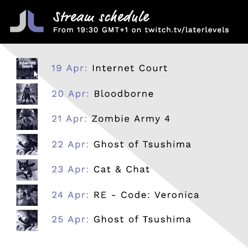 LaterLevels's tweet photo. More streams coming this week!
More FMV action tonight in the form of #InternetCourt thanks to a gift from @AceAsunder. Then @balrog1911 will be joining us for a #BloodBorne master-class tomorrow, before zombies on Saturday. https://t.co/KTJBLnRUqC