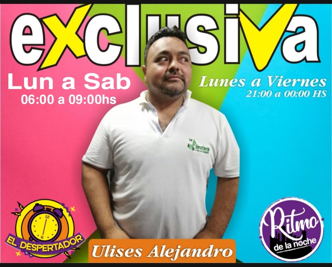 exclusivafm1037's tweet photo. Para despertarte y dormir con el Locutor del pueblo #Ulises_Alejandro
#ElDespertador ⏰
#RitmoDeLaNoche 🔊🎶 https://t.co/pJE7Kop9T7