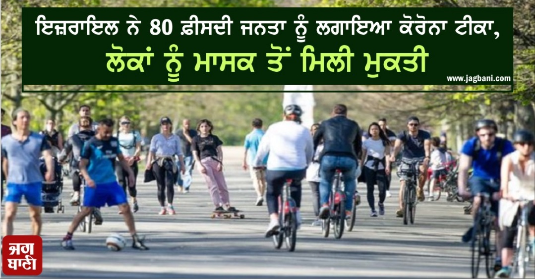 JagbaniOnline's tweet photo. ਇਜ਼ਰਾਇਲ ਨੇ 80 ਫ਼ੀਸਦੀ ਜਨਤਾ ਨੂੰ ਲਗਾਇਆ ਕੋਰੋਨਾ ਟੀਕਾ, ਲੋਕਾਂ ਨੂੰ ਮਾਸਕ ਤੋਂ ਮਿਲੀ ਮੁਕਤੀ
https://t.co/uykcnSZ6Wv
#Israel #Drop #OutdoorMask #COVID19 https://t.co/fbVrZ7lbdJ