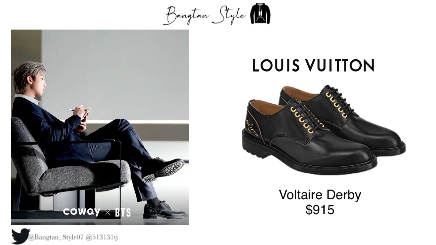 Bangtan Style⁷ (slow) on X: Coway x BTS Namjoon wears LOUIS VUITTON  Voltaire Derby ($915). #RM @BTS_twt  / X