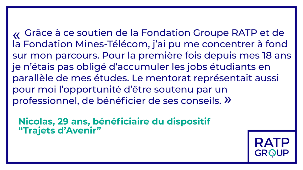 RATPgroup's tweet photo. [Partenariat] Pour apporter leur soutien aux étudiants, la #FondationGroupeRATP et la @FondationMT ont renouvelé leur partenariat afin d’offrir 6 bourses #TrajetsdAvenir par an à des élèves-ingénieurs de @TelecomSudParis et @TelecomParis_ 👉 https://t.co/D2q3I8fnGy https://t.co/6sYiJczHSW