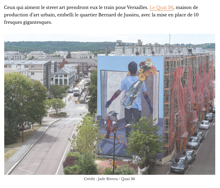 Le quartier Bernard de Jussieu dans le TOP 10 des expositions gratuites à voir en plein air de <a href="/WeDemain/">WE DEMAIN</a> 

👉 bit.ly/3amOKsA

Avec <a href="/Versailles/">Versailles</a> , <a href="/eiffage/">Eiffage</a> , Versailles Habitat, <a href="/GroupeBETOM/">Groupe BETOM</a>, Ithaques et Vincent Lavergne.

#quai36 #arturbain #urbanarts