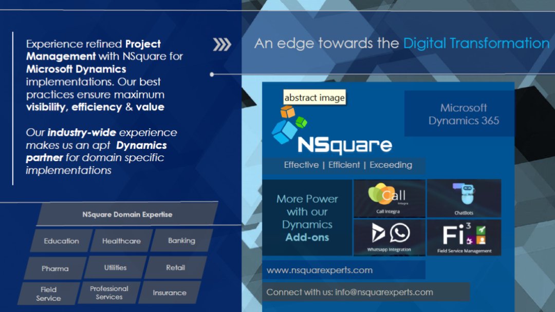 NXperts's tweet image. #nsquarexperts brings domain wide experience on #Dynamics365 #DigitalTransformation #CRM #solutions and #implementation
#education #healthcare #Banking #insurance #utilities #Retail #fieldservice #professionalservices  
Connect with us: nsquarexperts.com