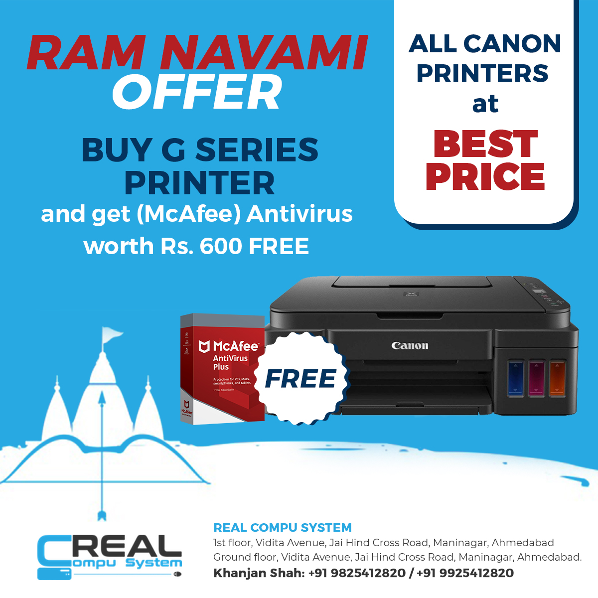 khanjan123in's tweet image. SPECIAL RAM NAVAMI OFFER! GRAB NOW!

Buy G series Printer and get (McAfee) Antivirus worth Rs. 600 FREE.  All Canon printers available at best price. Visit us now!

#offer #ramnavamioffer #printeroffer #canonprinters #buycanonprinter #realcompusys