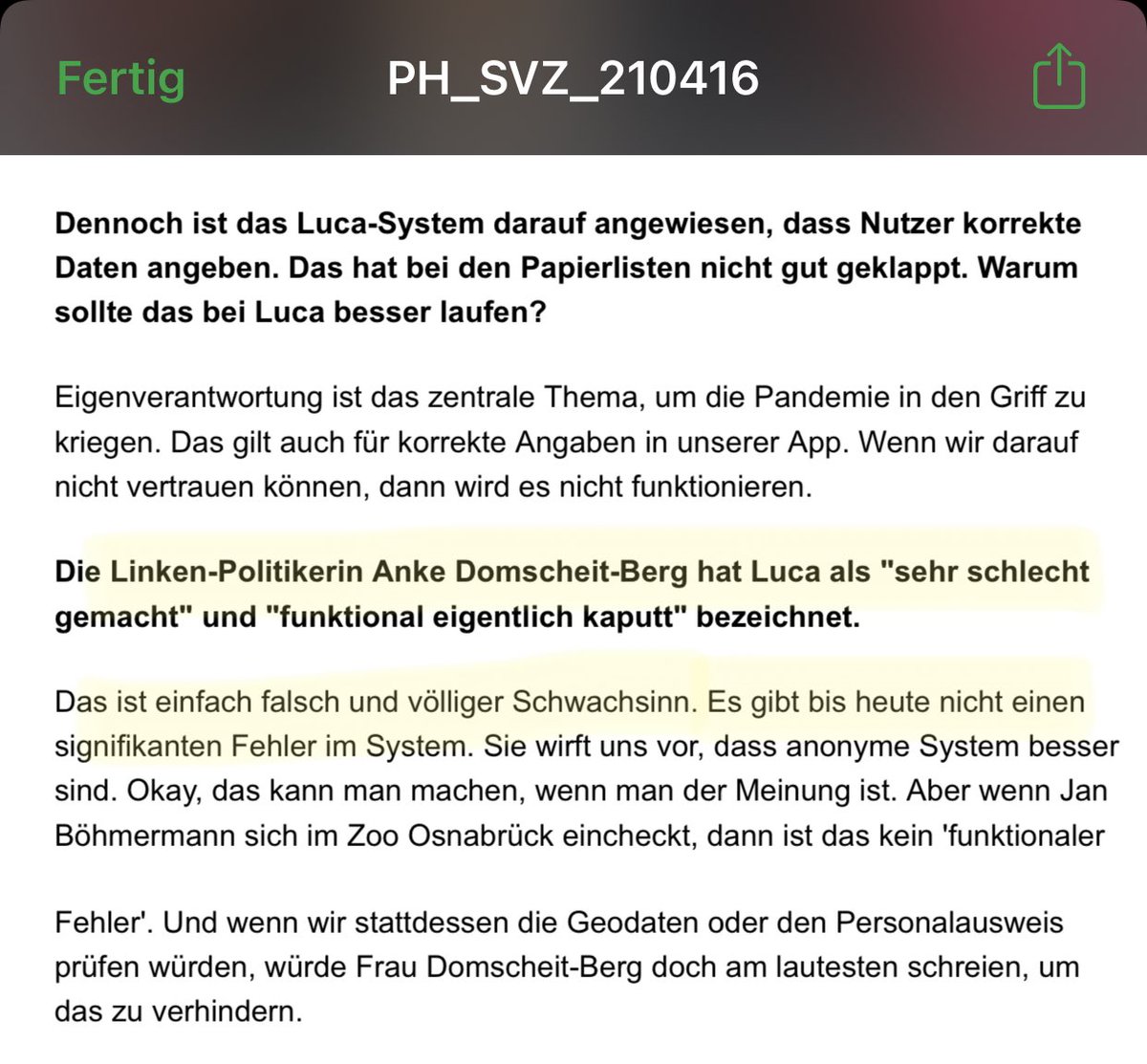 Die Macher der  #LucaApp diskreditieren immer wieder Kritiker:innen. Meine Aussage, die App sei "schlecht gemacht u funktional kaputt" bezeichnete  #Smudo in einem Interview als "falsch u völliger Schwachsinn". Das spricht für krasse Realitätsverweigerung, denn... #LucaFail /36