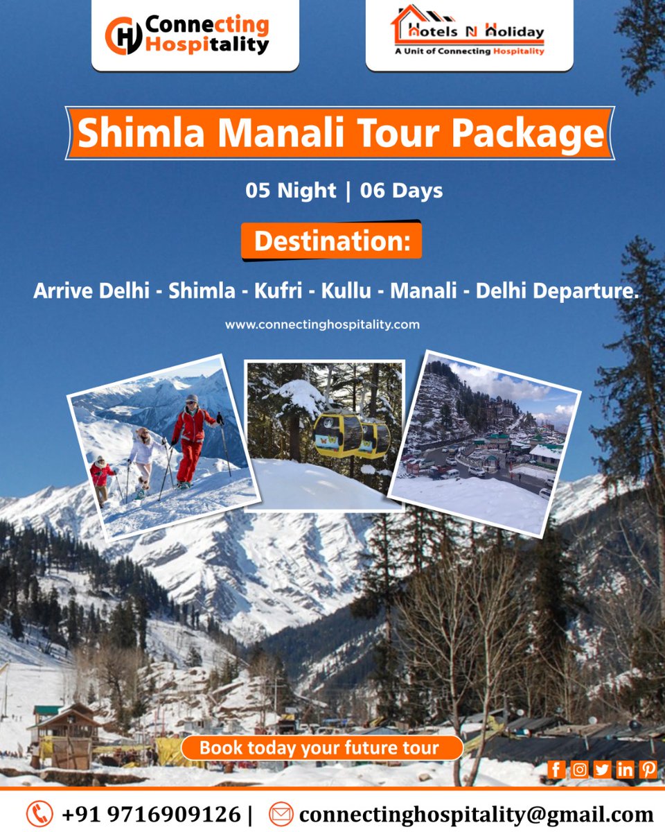 Shimla Manali Tour Package 
05 Night | 06 Days 
-------------------
.
.
#himachal #arrivedelhi #shimla #kufri #kullu #delhideparture 
#accommodations #pickupdrop #sightseeing #meals #manalitourpackage #manalitourism #manalitour #manali #GroupTourPackage #incredibleindia