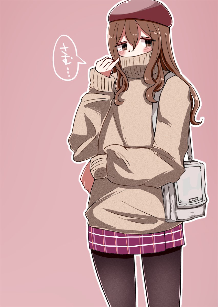 1girl pantyhose solo brown hair sweater hat bag  illustration images