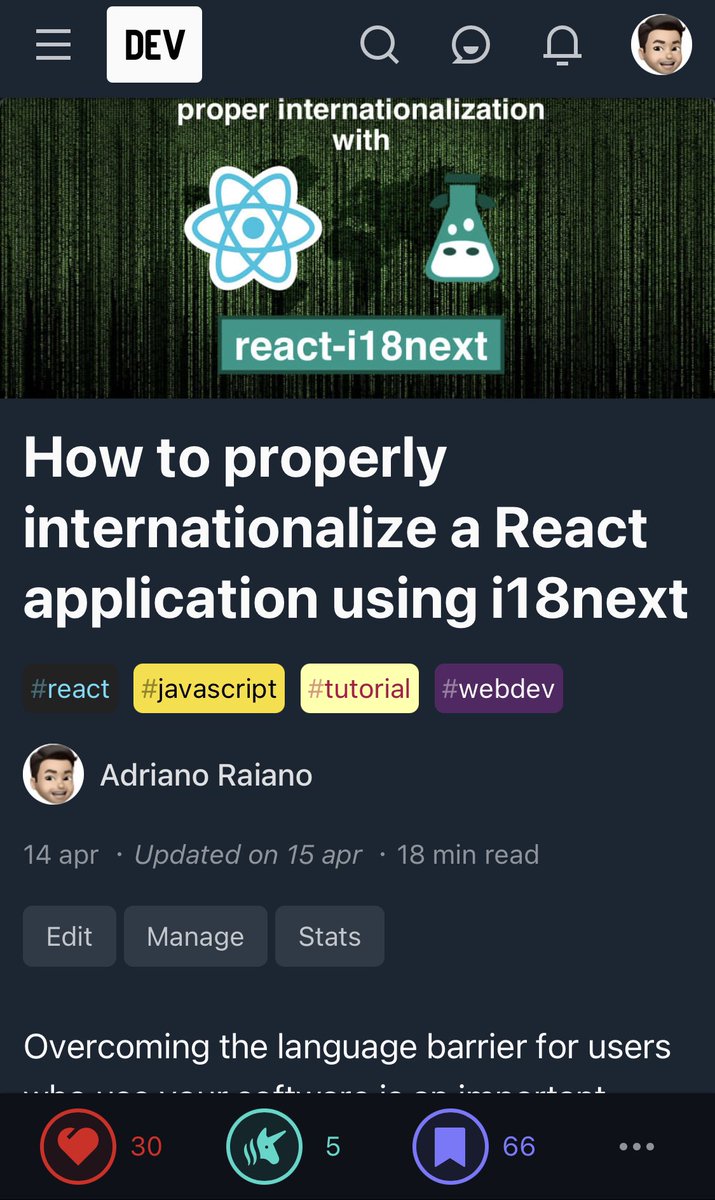 adrirai's tweet photo. Wow, my first article on @ThePracticalDev 

really appreciating the #community engagement 😱🤩

#ThankYou for each single ❤️ 🦄 and 🔖 

https://t.co/JS9AmBGXyd

#javascript #react #js #localization #oss #opensource #guide #tutorial #github #internationalization #i18n #web https://t.co/yrhQJVgLdU