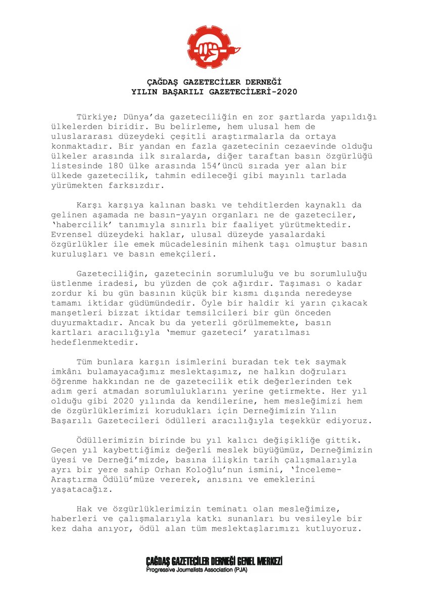 Çağdaş Gazeteciler Derneği 2020 Yılın Başarılı Gazetecileri Ödülleri belirlendi. 2020 yılının bir özeti niteliğindeki haberler, ülkemizi, sorunlarımızı ve gazeteciliğimizi yansıtan, tarihe düşülen notlar oldu. Ödül alan tüm meslektaşlarımızı kutluyoruz.