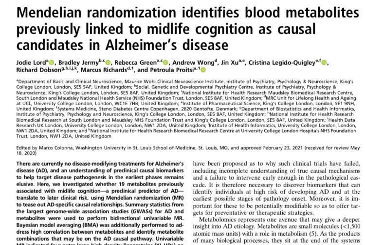 Our paper, which uses univariable &amp; Bayesian multivariable #MR to investigate whether blood metabolites previously associated with midlife cognition are on the causal pathway to Alzheimer’s Disease, is now out in PNAS 📝 👇🏻pnas.org/content/pnas/1…