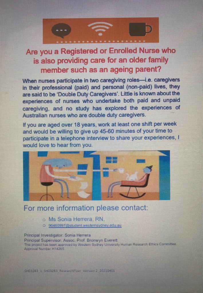 Are you a Double-Duty Caregiver - a registered or enrolled nurse caring for an older family member? Would you be interested in sharing your experiences with my honours student? If you can help with Sonia’s research study please see contact details in attached flyer. Thankyou :)