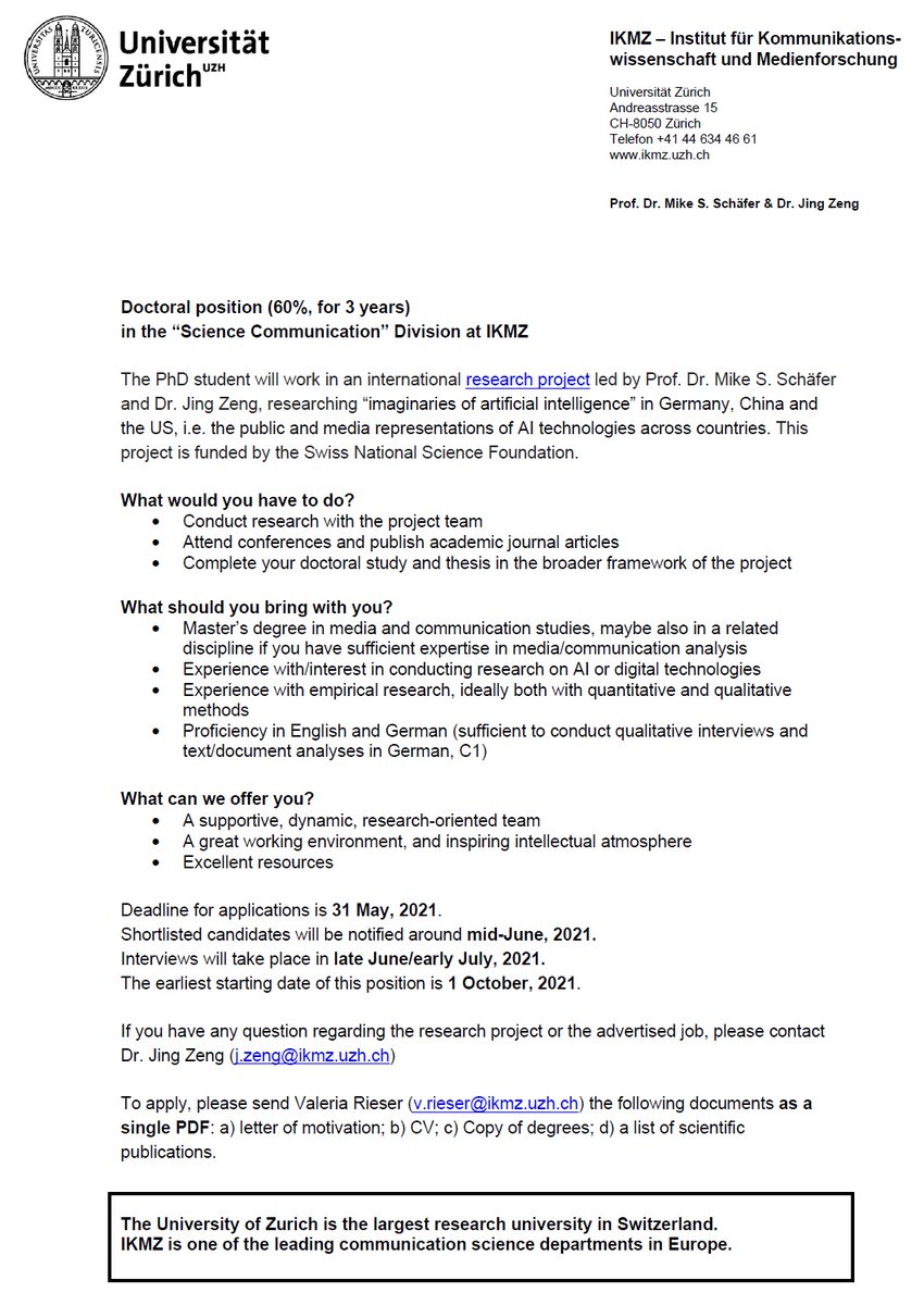 Mike S Schafer Job Opportunity Phd Position Uzh Ikmz Scicomm Team Want To Do A 3yr Phd In An International Research Project On Imaginaries Of Artificial Intelligence W Me Meg Zeng Ckatzenbach