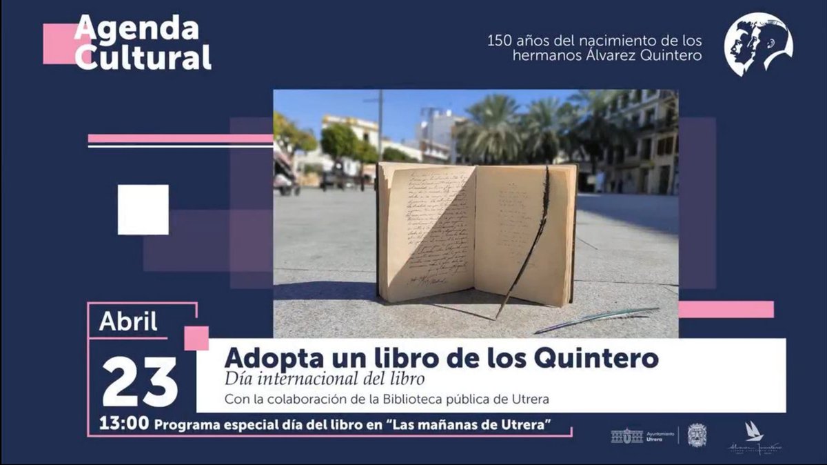 HnosQuintero150's tweet photo. Este viernes es el Día del libro y se celebra "Adopta un libro de los Quintero". ¿Coincidencia? no lo creo. Os dejo link para que disfrutéis del planazo que os he buscado para empezar el finde   
https://t.co/fc5jec5Fpe
#150aniversarioalvarezquintero #hermanosalvarezquintero https://t.co/chZ35hR0mM
