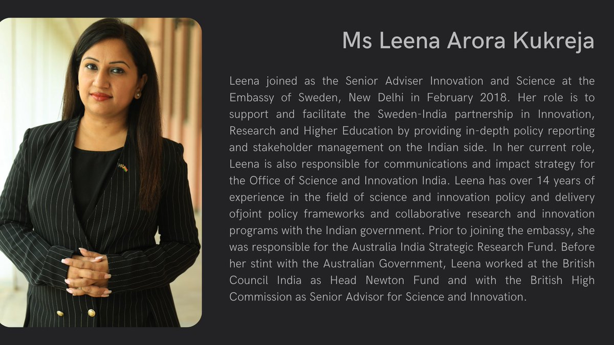 Nordic Centre India (NCI) (@nordicctrindia) on Twitter photo NCI is happy to introduce <a href="/KukrejaArora/">Leena Arora Kukreja</a> from <a href="/SwedenOSI_India/">Office of Science & Innovation, New Delhi</a> <a href="/SwedeninIndia/">Sweden in India</a> who will be speaking about Swedish research opportunities available to Indian researchers!
#NCIWebinar #NordicCentreinIndia #NordicIndiaresearch #NordicIndia #Innovation NCI is happy to introduce <a href="/KukrejaArora/">Leena Arora Kukreja</a> from <a href="/SwedenOSI_India/">Office of Science & Innovation, New Delhi</a> <a href="/SwedeninIndia/">Sweden in India</a> who will be speaking about Swedish research opportunities available to Indian researchers!
#NCIWebinar #NordicCentreinIndia #NordicIndiaresearch #NordicIndia #Innovation