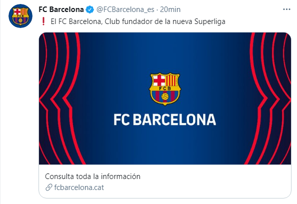 elchiringuitotv's tweet photo. 🚨 ÚLTIMA HORA 🚨

El BARÇA hace oficial que es uno de los CLUBES FUNDADORES de la nueva SUPERLIGA.

Nos vemos a las 15:10 en #JUGONES. https://t.co/qqaL5mlSti