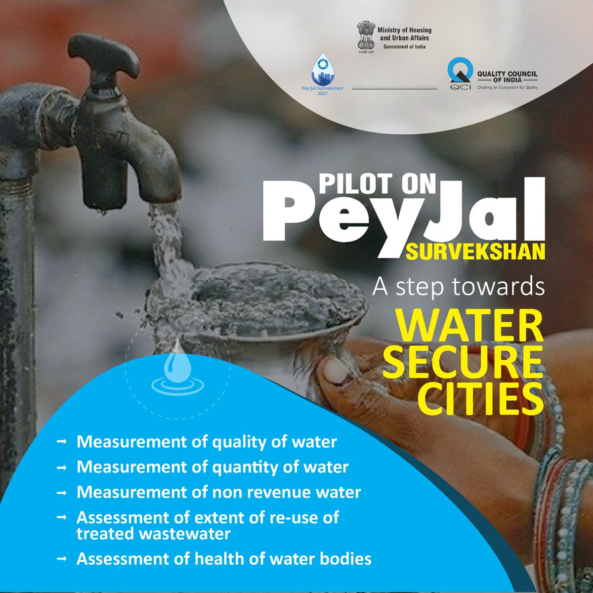 PeyJal Survekshan- A step towards water secure cities

-Measurement of quality of water 
-Measurement of quantity of water 
-Measurement of non revenue water 
-Assessment of extent of re-use of treated wastewater 
-Assessment of health of water bodies

#Humara_Shahar_Humara_Pani