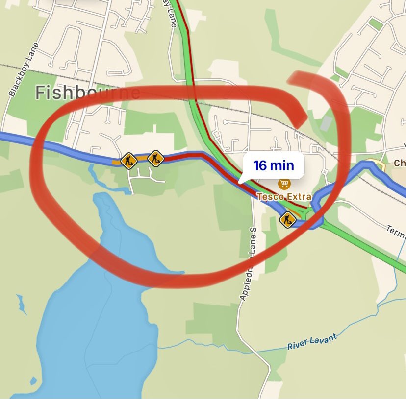 MJNeville78's tweet photo. Another triumph for local planning @ChichesterDC @WSCCNews @FishbournePC @Chiobserver @ChiHarbourTrust You no longer have to sit in a traffic jam to join @Tesco roundabout, you have to sit in one to leave it! Meanwhile, us cycle and walking commuters inhale more toxic fumes https://t.co/2VW9xs20y0