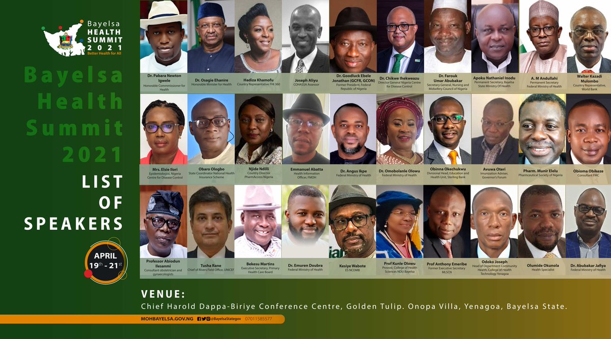 Today is the start of the Bayelsa Health Summit. Good to see the @BayelsaStateGov convening this important meeting, bringing together critical stakeholders to address the challenges in healthcare access, seeking solutions to improve healthcare for Bayelsans @mohbayelsa.