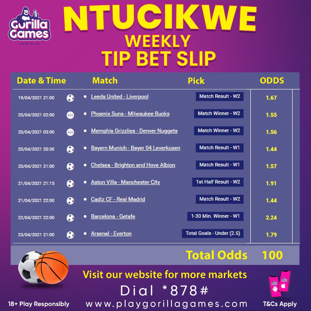 GorillaGamesRw's tweet photo. Ntucikwe Tip Bet Slip: 19th April - 23rd April 2021

Gorilla games yabaziniye Bet Slip yabafasha kumenya uko mwatega ku mikino itandukanye muri iki cyumweru

#betslip #football #stayconnected #Ntucikwe #SpecialWeekendPicks #GorillaGames https://t.co/oJowm1mrQ6