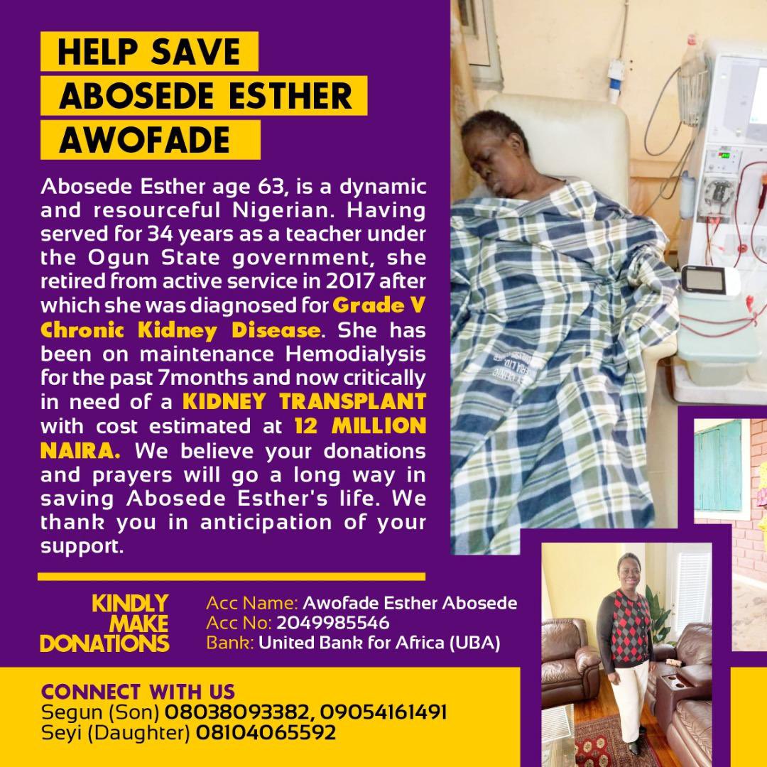 FredtheeMan's tweet photo. Sadly this is my friend’s mom! 12 million is all she needs to live whole again. Please I really beg you all to massively retweet and help 🙏. I know there are people ready to help here https://t.co/caOXsG00gF