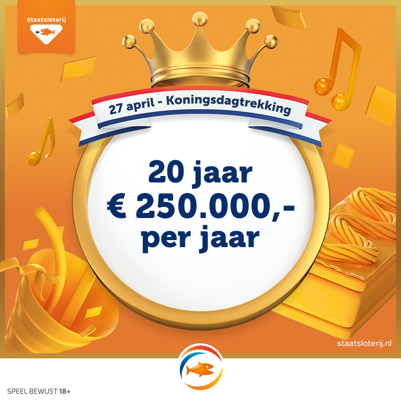 Staatsloterij's tweet photo. Maak kans op de Kroonprijs van 20 jaar lang €250.000,- per jaar. Belastingvrij! Koop nú je Koningsdaglot eenvoudig en veilig online. 👉 https://t.co/jx5RzAYBis