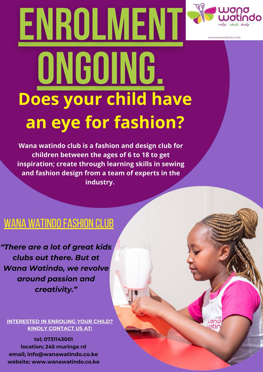 Want to be part of Wana Watindo family? kindly contact us at: 0731143001 for more details.

#fashionschoolforkidskenya
#nodreamistoosmall
#BuildingGlobalBrands.