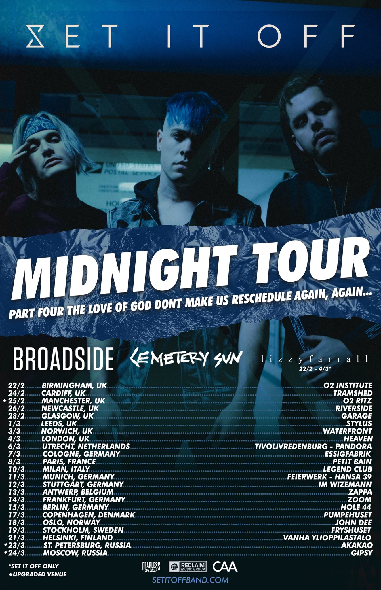 Set It Off on X: THE MIDNIGHT WORLD TOUR PART 4 THE LOVE OF GOD DONT MAKE  US RESCHEDULE AGAIN, AGAIN: UK/EUROPE RESCHEDULED DATES ⌛️ Tickets are  available NOW🔮 Previously purchased tickets/VIP