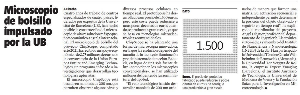 biocat_bioregio's tweet photo. 📰 Un projecte liderat per @icn2nano @UniBarcelona ha creat el microscopi 🔬 de butxaca #ChipScope, el microscopi d'alta resolució més petit i econòmic.
💡 Basat en nanoleds de 200 nm, permet observar alguns virus i diversos processos cel·lulars en temps real.
@LaVanguardia 👇 https://t.co/43YaiB6aLE
