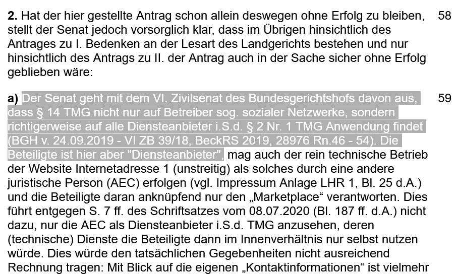 Loeffel_Abrar's tweet photo. OLG Köln: Keine int. Zuständigkeit dt. Gerichte für Antrag nach § 14 IV TMG (Anordnung der Auskunft gg Amazon wg unwahren Kundenbeschwerden)
Beschluss 11. März 2021 - 15 W 10/21 https://t.co/aSVESVgdBG
#TMG #DSGVO #FamFG @stefan_hessel @sas_assion
RECHTSBESCHWERDE ZUGELASSEN https://t.co/75JUQtlZsB