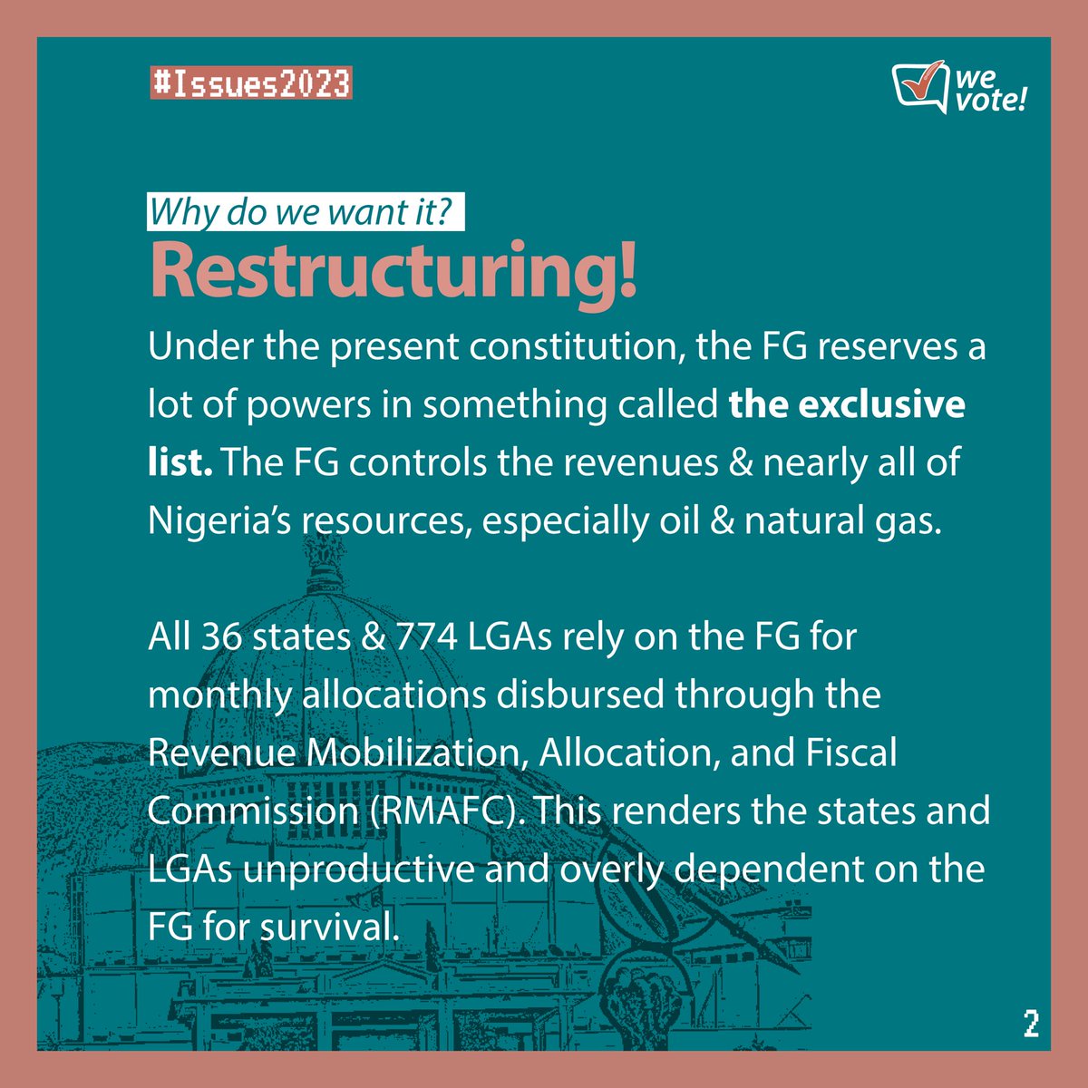 WeVoteOfficial's tweet photo. RESTRUCTURING NIGERIA.

Voting and restructuring Nigeria are not mutually exclusive. In fact, voting in 2023 might make it easier to restructure Nigeria.

Here’s a thread on why it is an important issue for the 2023 general elections.
#Issues2023
#WeVoteNigeria
@wevoteofficial https://t.co/2IhgeZtLIV