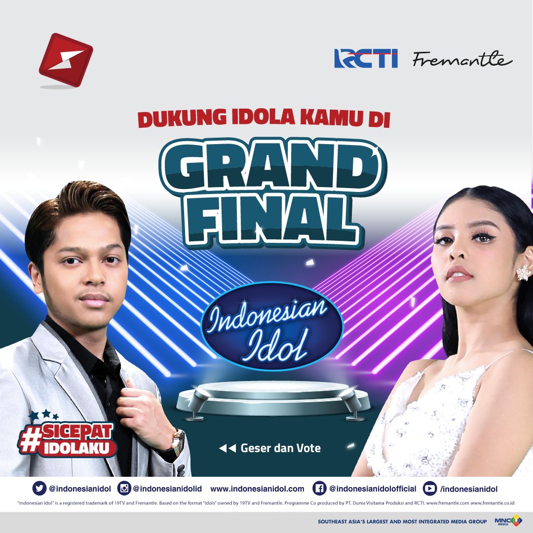 sicepat_ekspres's tweet photo. Hai Sahabat. Tinggal selangkah lagi Idolamu menjadi Juara Indonesian Idol
Ayo berikan VOTE untuk dukung Mark atau Rimar melalu  Aplikasi SiCepat. Jangan lupa, saksikan keseruan  #IdolGrandFinal  malam ini pukul 21.00 WIB LIVE di RCTI

#SiCepatIdolaku
#SiCepatxidol
#HomeOfTheIdols https://t.co/m82zyLs0oV
