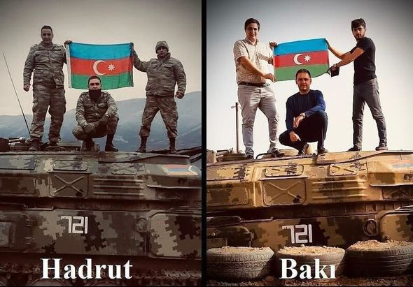 Hadrutda qənimət götürdükləri texnikaya Bakıda eksponat kimi baxdılar 
Vətən müharibəsi zamanı Hadrutda  erməni zirehli texnikasını qənimət götürən ordumuzun üç əsgəri Bakıda Hərbi Qənimətlər Parkında eksponat kimi sərgilənən həmin texnikanın üzərində foto çəkdirib.