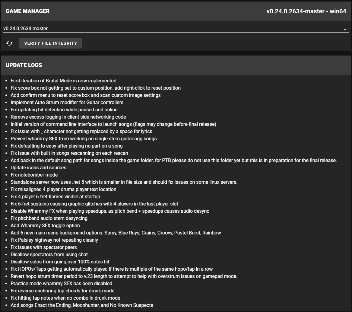 Matthew Sitton on Twitter: "Clone Hero PTB v.24.0.2634-master is now out!  Fixes the auto hopo bug. The big new feature is Brutal Mode, Also new menu  backgrounds! https://t.co/M629Zh3lI1" / Twitter