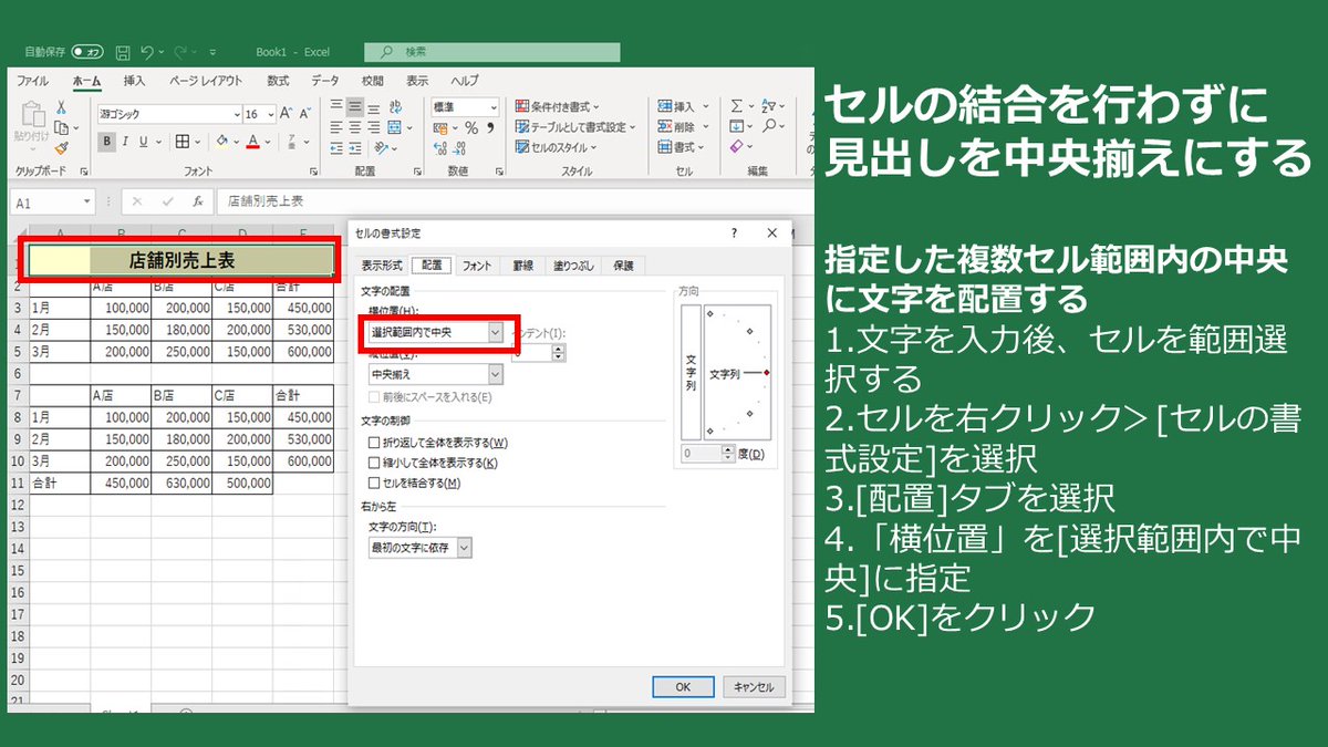 O Xrhsths マイクロソフトサポート Sto Twitter 表の見出しを中央揃えにしたい時 セルの結合を行わなくても中央にしたい範囲のセルを 選択して セルの書式設定から 選択範囲内で中央 にすることで 中央揃えにできます Mshelpsjp Excel