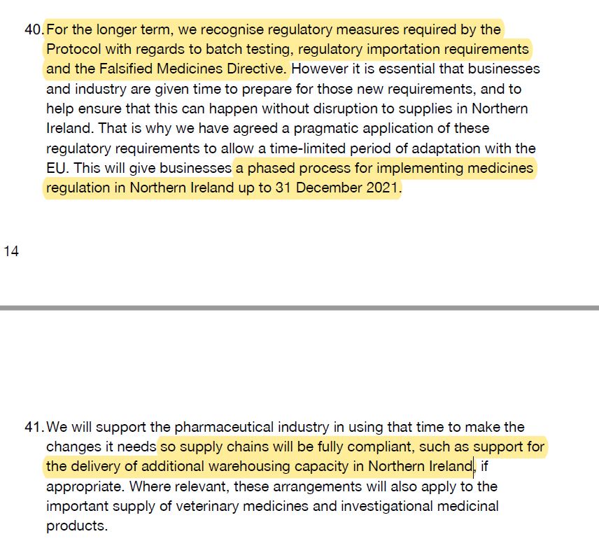 There was a grace period to give businesses time to adapt agreed to run to Dec 31 2021, but presenting the Protocol to Parliament in Dec last year, the govt seemed committed to business adjusting to requirments on batch testing & import requirements. /3 https://assets.publishing.service.gov.uk/government/uploads/system/uploads/attachment_data/file/950601/Northern_Ireland_Protocol_-_Command_Paper.pdf