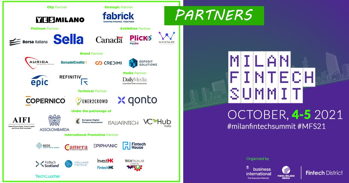 MilanSummit's tweet photo. We plan for a 2021 edition full of guests and themes that will drive the future of #fintech.
What are you waiting for to join our partners?
Read more on our website and contact us!
👉 https://t.co/R95D1Pqa7r
#milanfintechsummit #MFS21 #italianfintech #fintechevent https://t.co/5b8gN4lMja